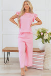 Pretty In Pink Textured Pearled Ruffled Sleeve Wide Leg Pants Set