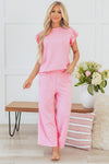 Pretty In Pink Textured Pearled Ruffled Sleeve Wide Leg Pants Set
