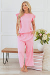Pretty In Pink Textured Pearled Ruffled Sleeve Wide Leg Pants Set