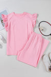 Pretty In Pink Textured Pearled Ruffled Sleeve Wide Leg Pants Set