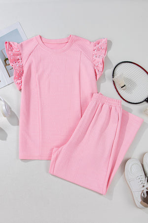 Pretty In Pink Textured Pearled Ruffled Sleeve Wide Leg Pants Set
