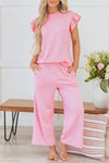 Pretty In Pink Textured Pearled Ruffled Sleeve Wide Leg Pants Set