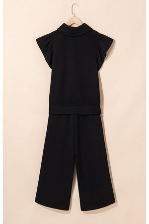 Ruffle Some Feathers Black Textured Ruffled Sleeve Pants Set