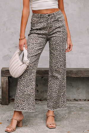 Wild Edge Leopard Frayed Edge Wide Leg High Waist Jeans