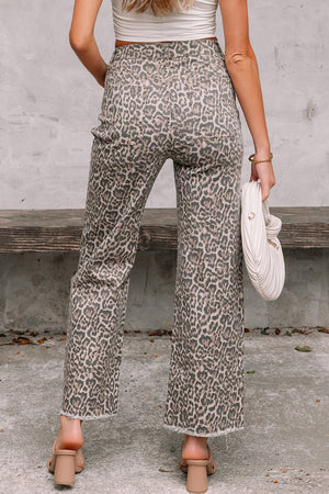 Wild Edge Leopard Frayed Edge Wide Leg High Waist Jeans