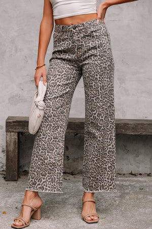 Wild Edge Leopard Frayed Edge Wide Leg High Waist Jeans
