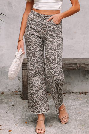 Wild Edge Leopard Frayed Edge Wide Leg High Waist Jeans