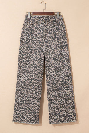 Wild Edge Leopard Frayed Edge Wide Leg High Waist Jeans
