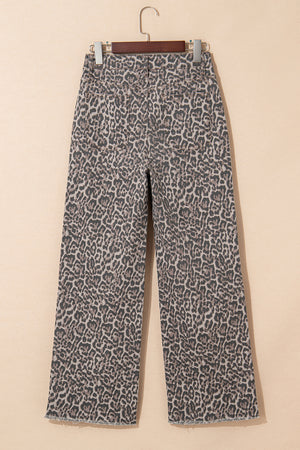 Wild Edge Leopard Frayed Edge Wide Leg High Waist Jeans