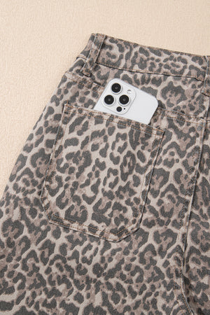 Wild Edge Leopard Frayed Edge Wide Leg High Waist Jeans