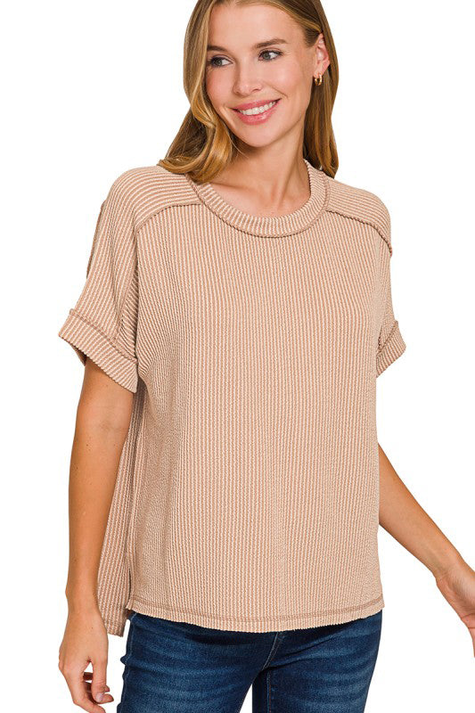 Don't Look Back Light Mocha Corded Rib Top