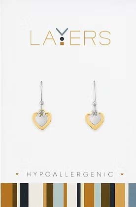 Two-Tone Double Heart Dangle Layers Earrings in Silver