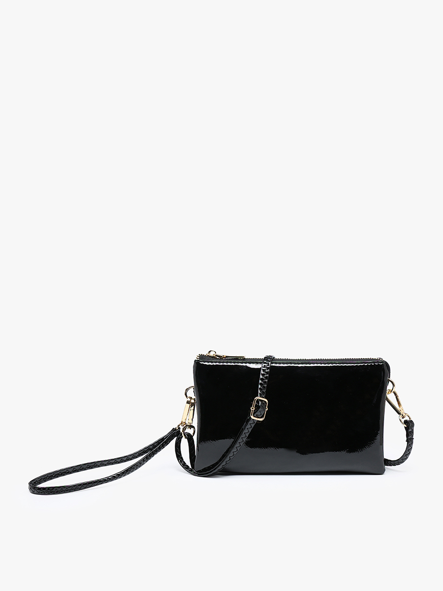 Zoe High Gloss Black 3 Compartment Crossbody/Wristlet Purse