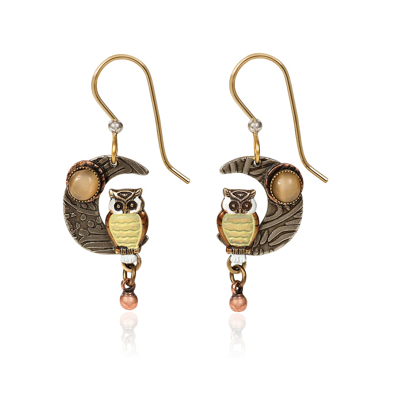 Owl On Moon Silver Forest Earrings