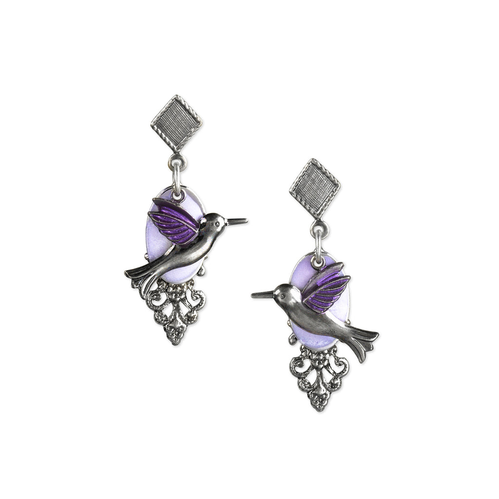 Purple Hummingbird With Filigree Silver Forest Earrings