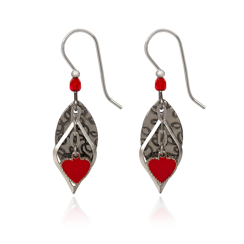 Red Heart on Layered Tears Silver Forest Earrings