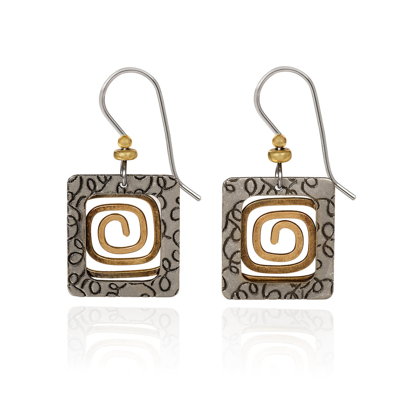 Square With Coil Center Silver Forest Earrings