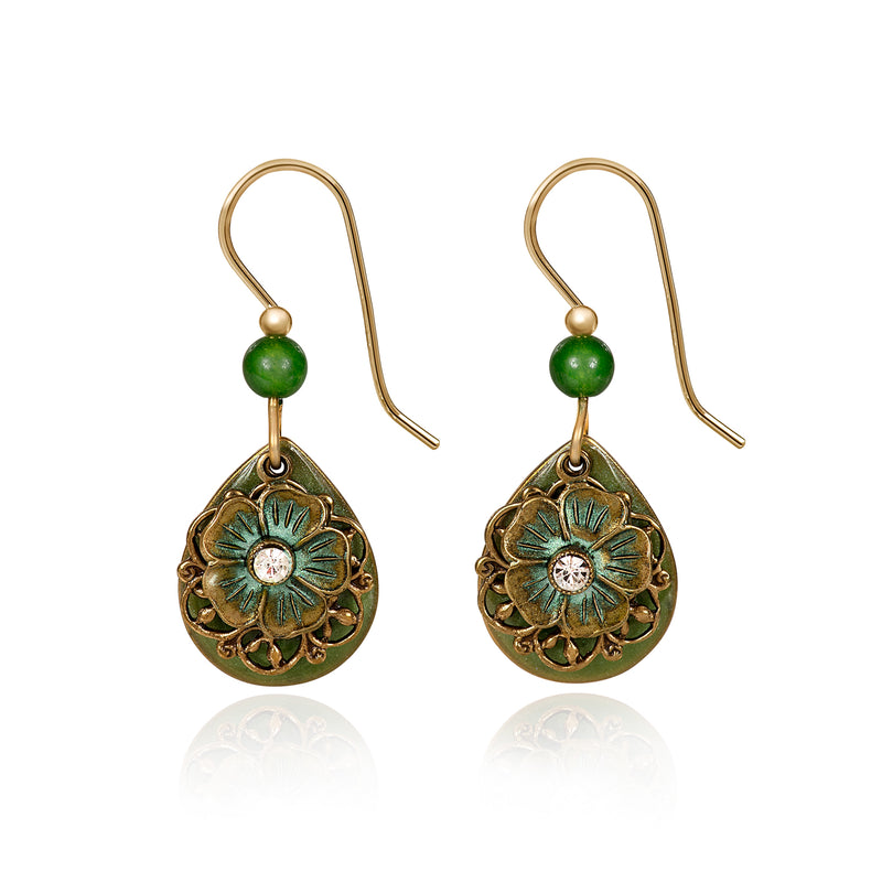 Green Flower & Filigree Layer Silver Forest Earrings