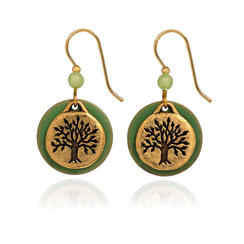 Tree Of Life On Green Round Silver Forest Earrings