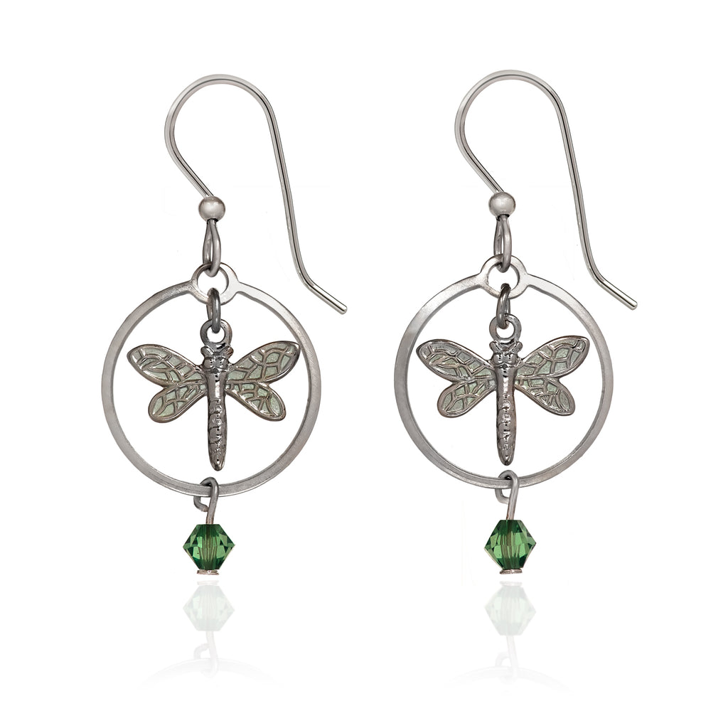 Dragonfly In Circle Silver Forest Earrings