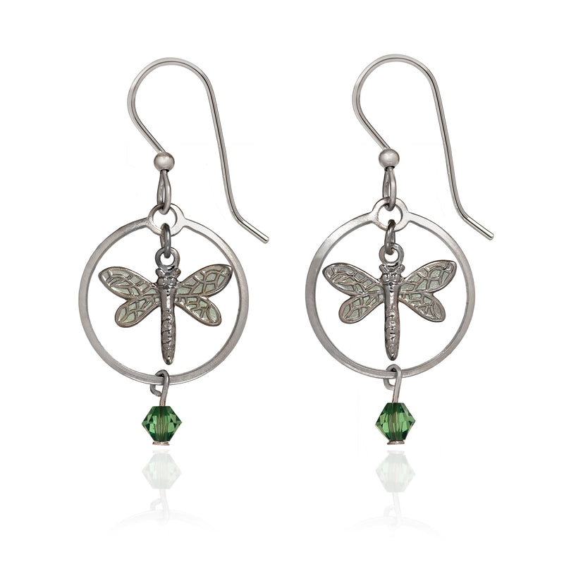 Dragonfly In Circle Silver Forest Earrings