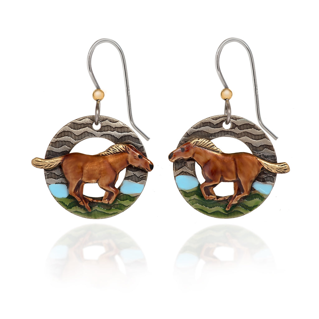 Horse Running In Field Silver Forest Earrings