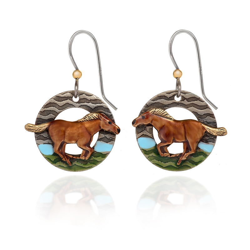 Horse Running In Field Silver Forest Earrings
