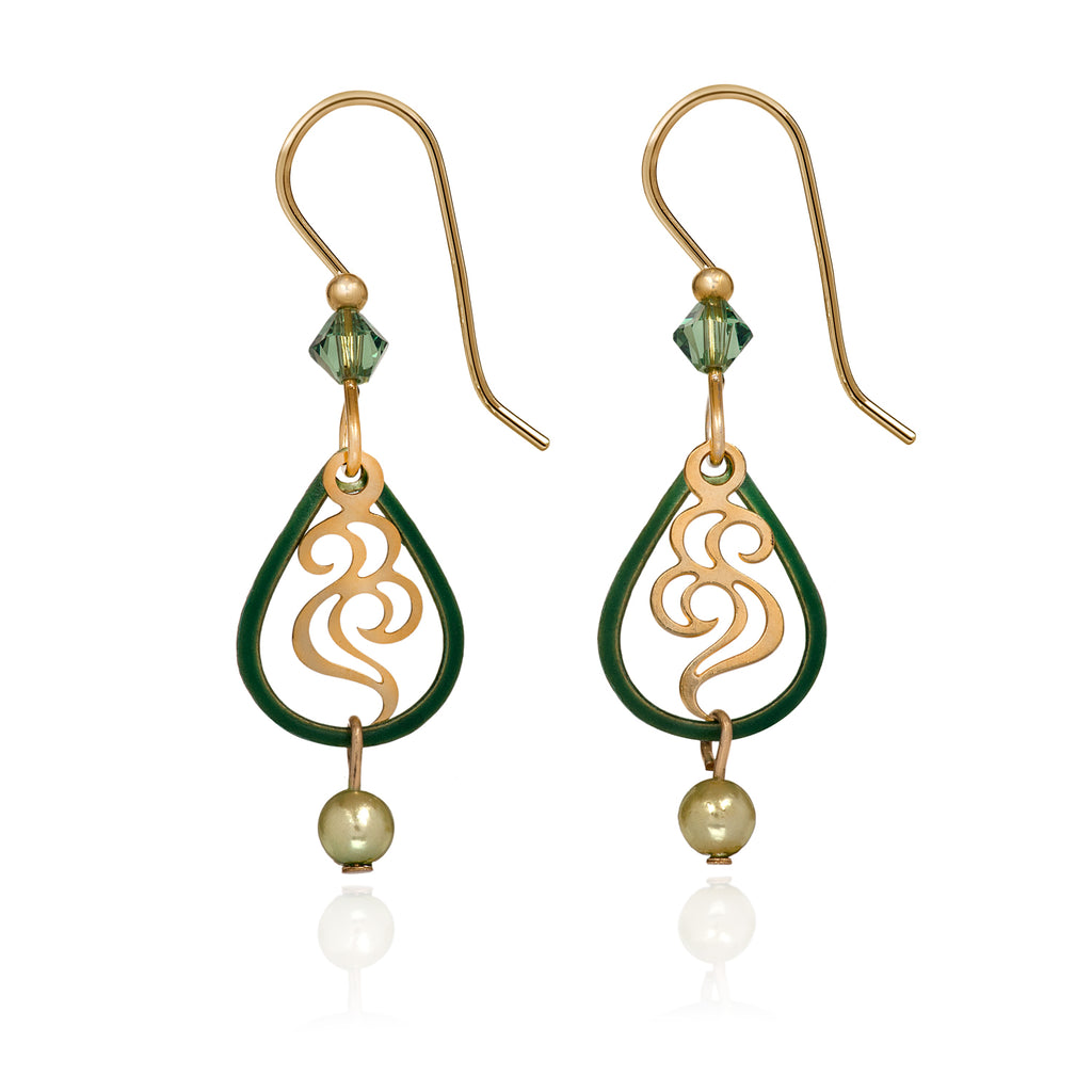 Green Tear With Bead Silver Forest Earrings