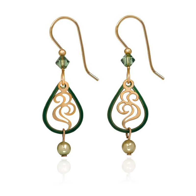 Green Tear With Bead Silver Forest Earrings