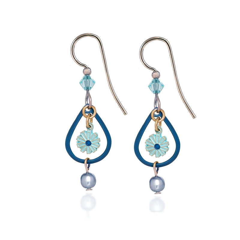 Blue Sunflower In Open Tear Silver Forest Earrings