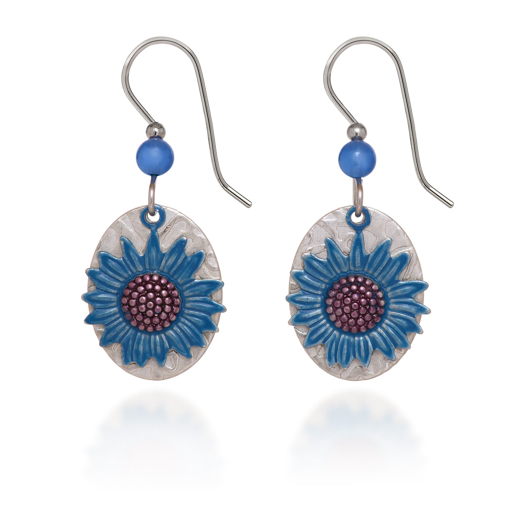 Blue Sunflower Silver Forest Earrings