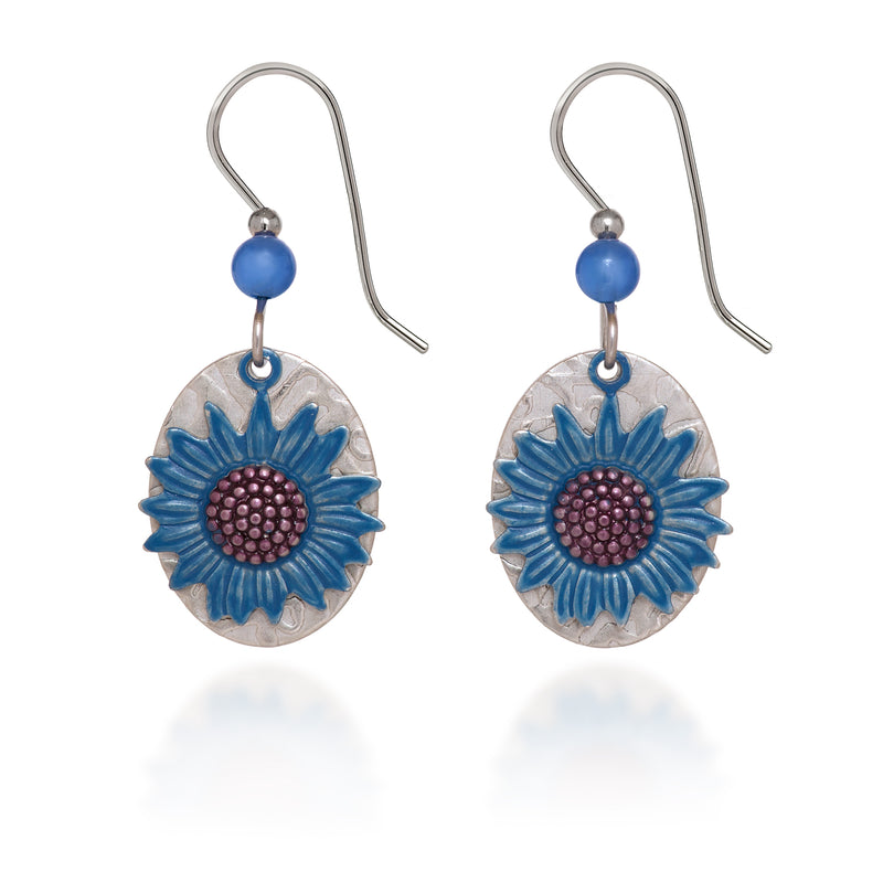 Blue Sunflower Silver Forest Earrings