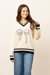 Wrap It With A Bow Silver Sequin Bow Varsity Sweater