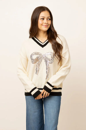 Wrap It With A Bow Silver Sequin Bow Varsity Sweater