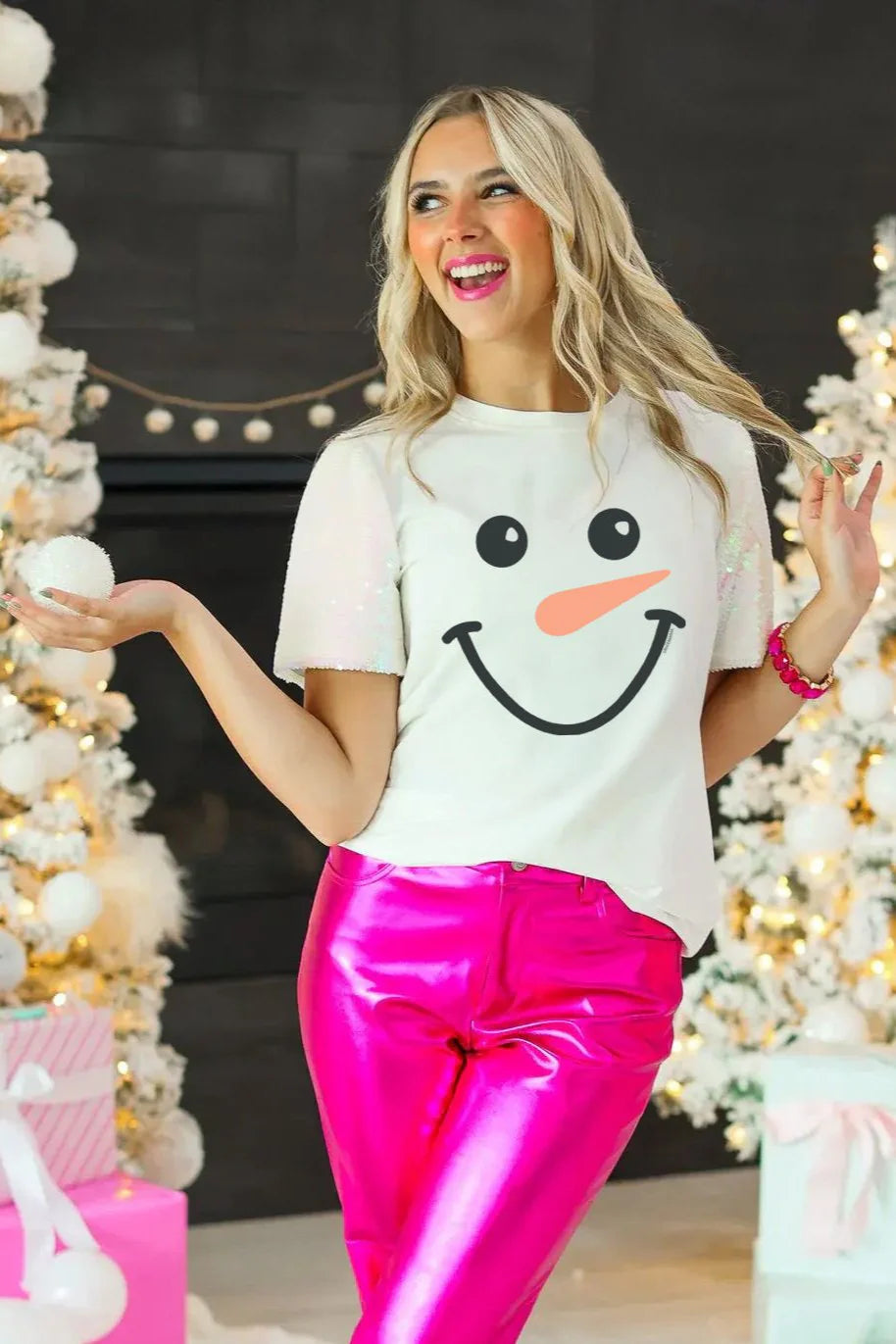 Let It Snow Snowman Face Sequin Short Sleeve Top