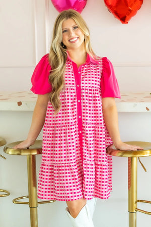 Gracie Pink Gingham Button-Up Dress