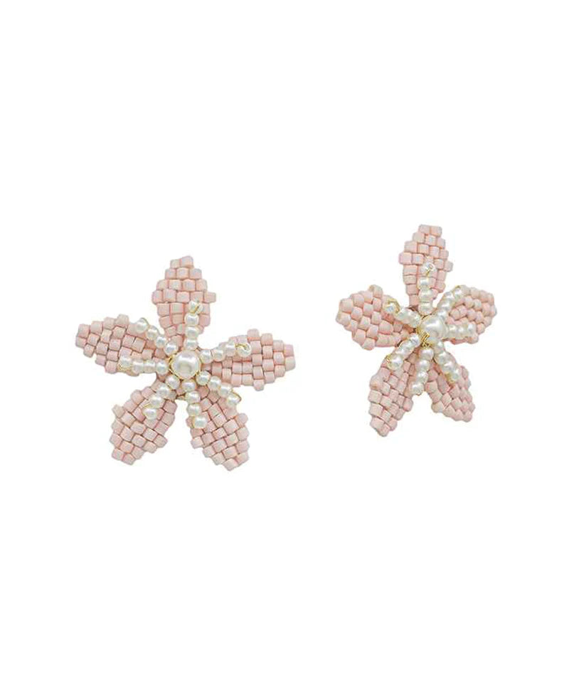 Flora Baby Pink Seed Bead & Pearl Post Earrings