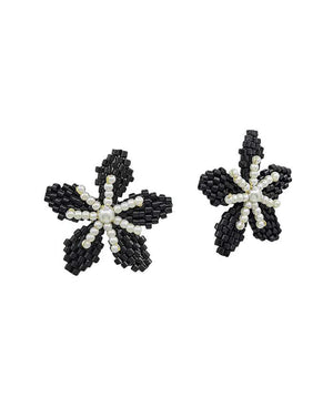 Flora Black Seed Bead & Pearl Post Earrings