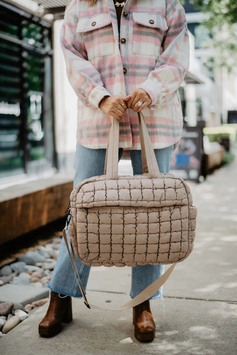 Tan Quilted Katydid Duffle Weekender Bag with Pass-Thru Slip