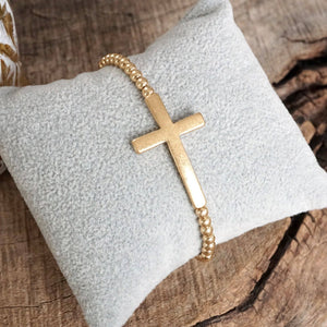 Abide In Me Gold Cross Stretchy Bracelet