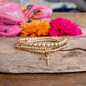 Gilded Grace Gold Cross Charm Stretchy Bracelet Set