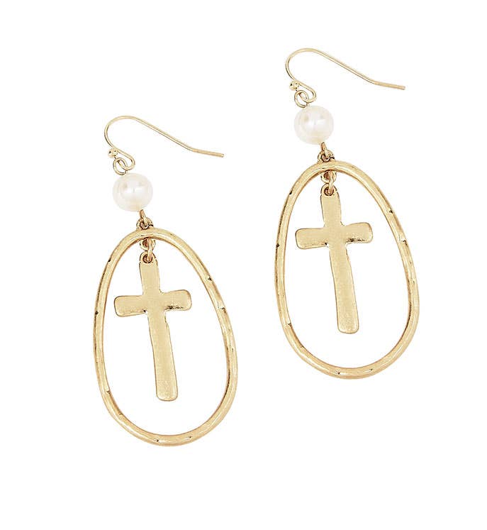 Hammered Metal Ring And Cross Gold Earrings