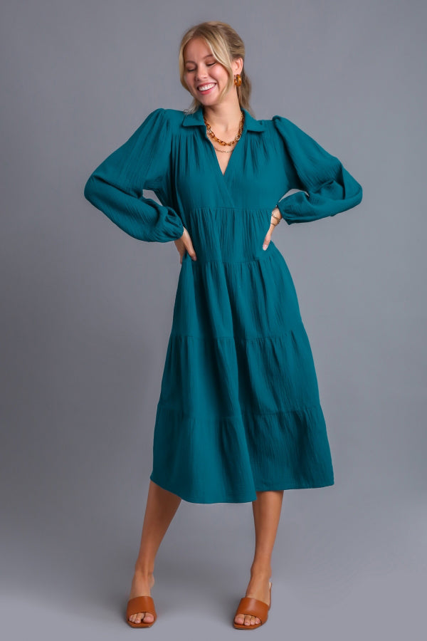 Umgee Time To Remember Teal Green Gauze Tiered Maxi Dress