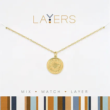 Stamped Sunflower Coin Layers Necklace in Gold