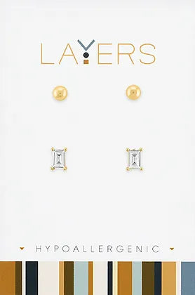 Baguette & Ball Duo Layers Earrings in Gold