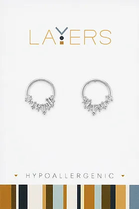 Double Circle with CZ's Stud Layers Earrings in Silver