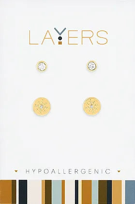 CZ & Studded Sun Duo Layers Earrings in Gold