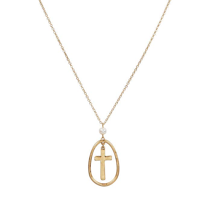 Hammered Metal Ring And Cross Pendant Gold Necklace