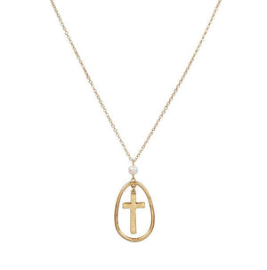 Hammered Metal Ring And Cross Pendant Gold Necklace
