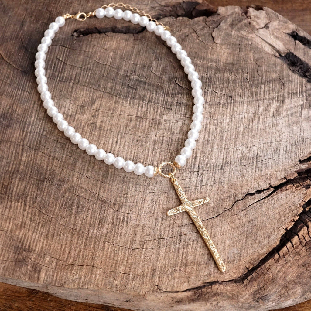 Primitive Cross Gold Pearl Necklace